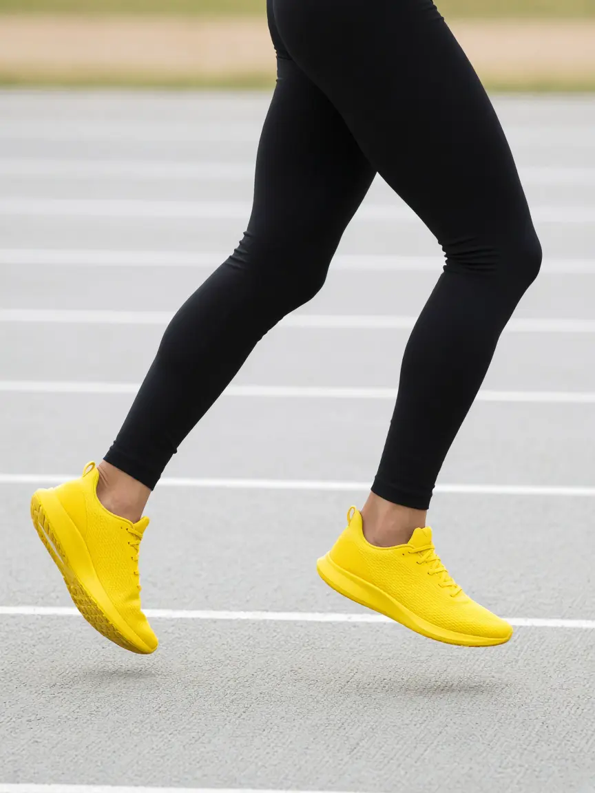 Runner's stride in black tights and yellow shoes