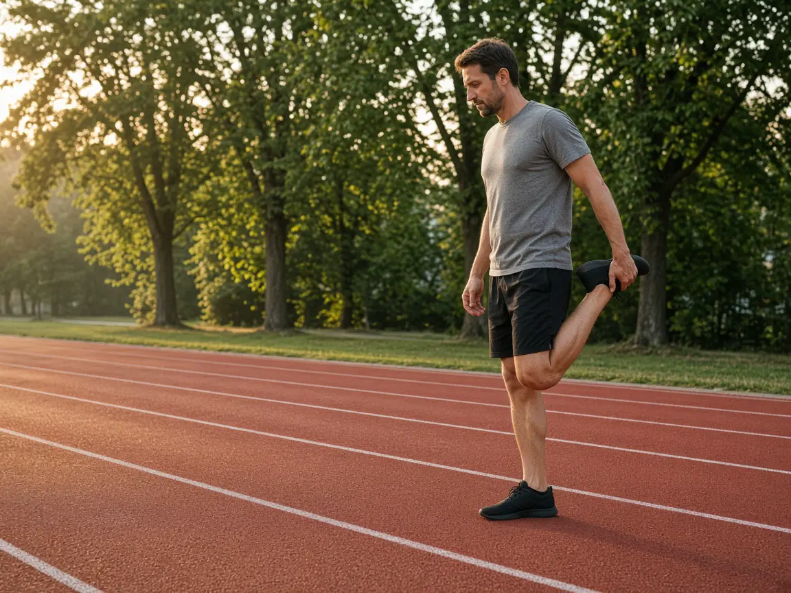Athlete in yellow and black stretching on a running track
