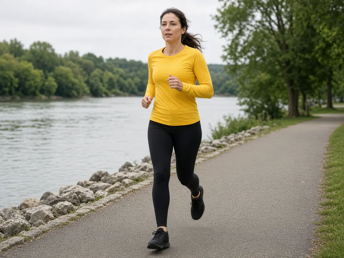 Runner in a yellow long sleeve along a river path