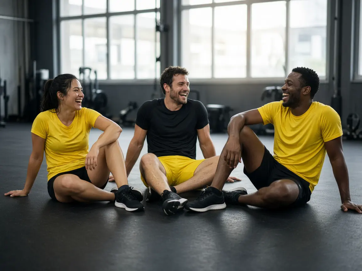 Three athletes in yellow and black kits on a gym floor